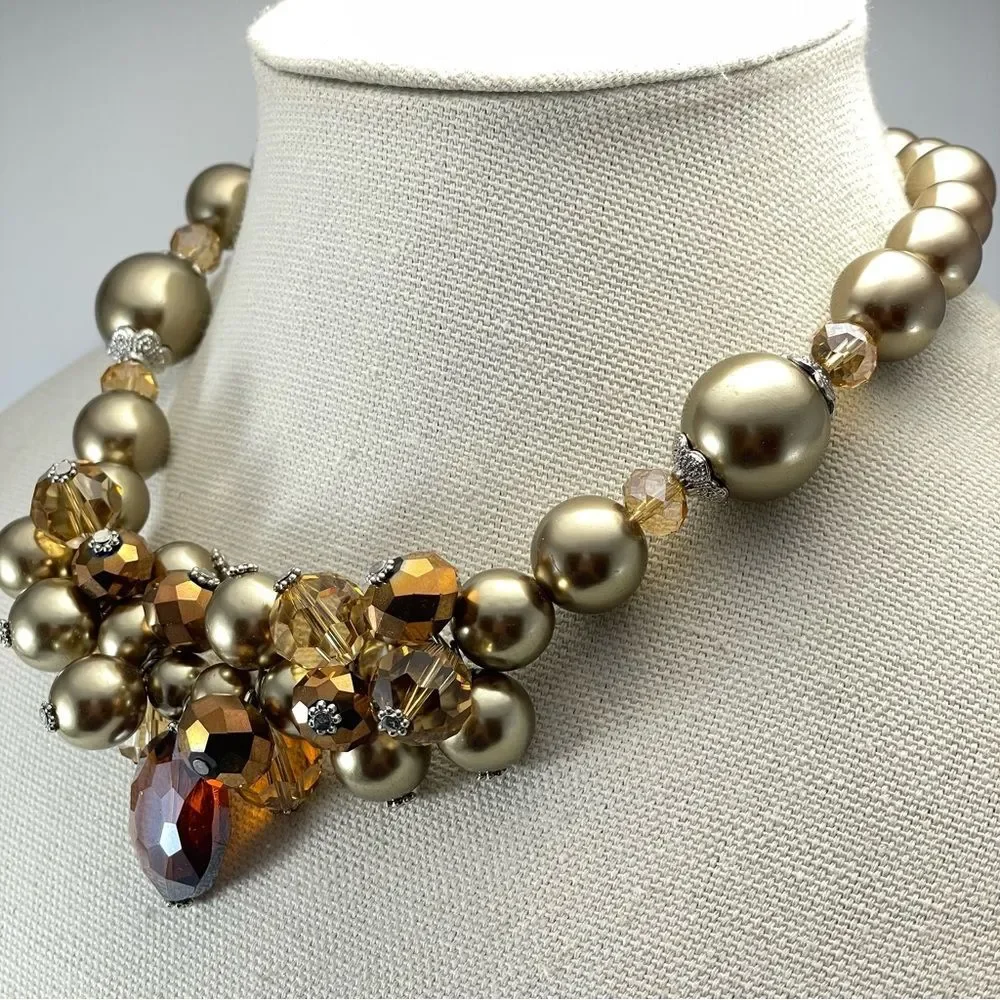 Glass Beaded Necklace Contempo Chic Gold Acrylic Beaded Dark Champagne Statement